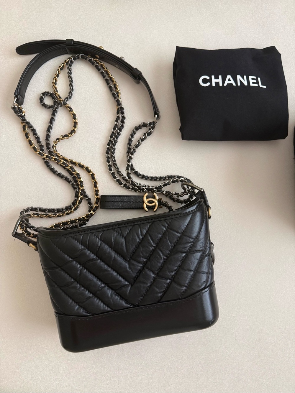Chanel Small Black Quilted Chevron Gabrielle Hobo Bag